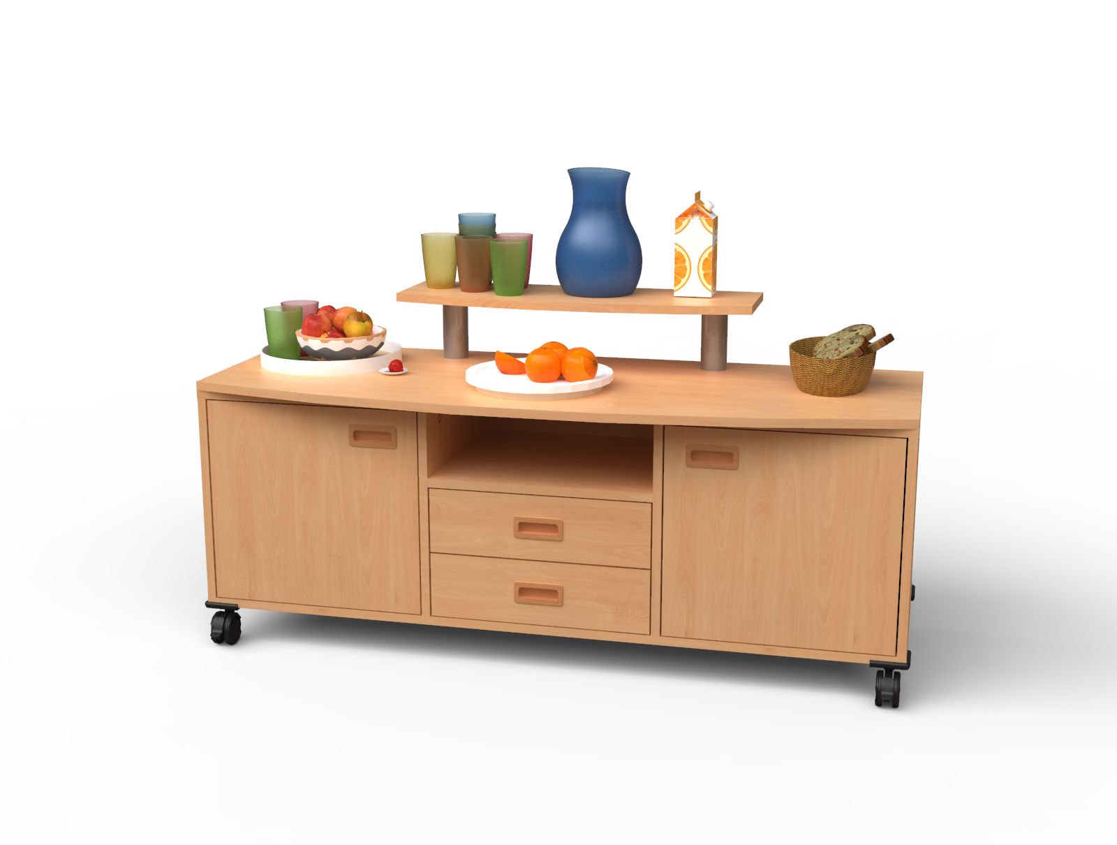 Frühstücksbuffetwagen für die Kleinen auf Rollen, mit Türen und Schubkästen, mit den Maßen 156x62,5/79x60 cm