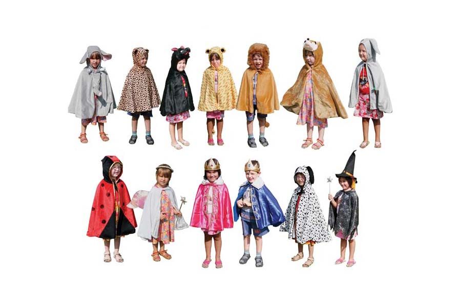 Kinder-Kostüme-Set 13-teilig, verschiedene Kostüme zum Thema Tierwelt und eine Reise ins Mittelalter